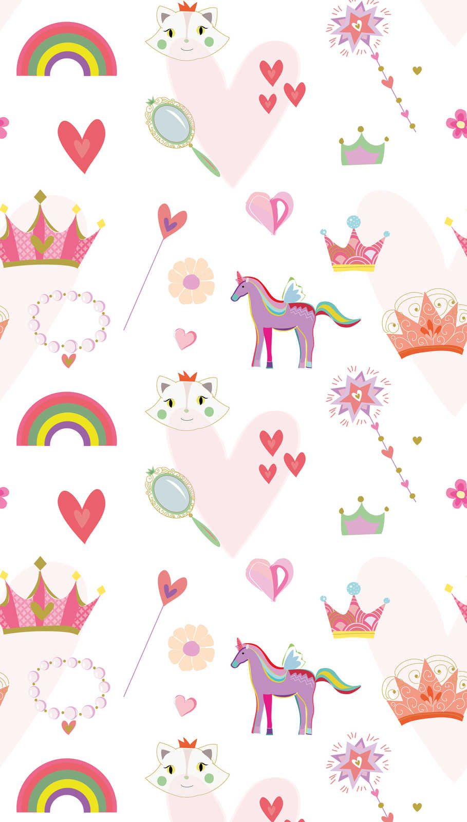             Children's wallpaper in princess style with hearts and animals - colourful, pink, white
        