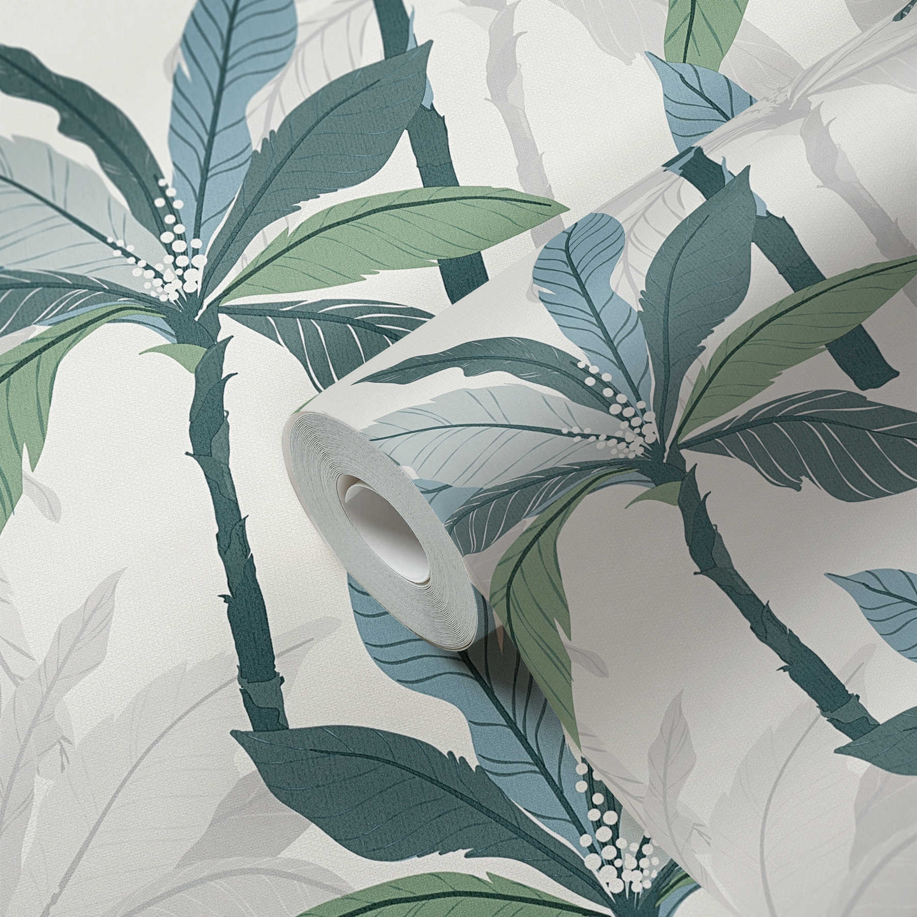             Tropisch behang met palmboom design - blauw, groen, wit
        