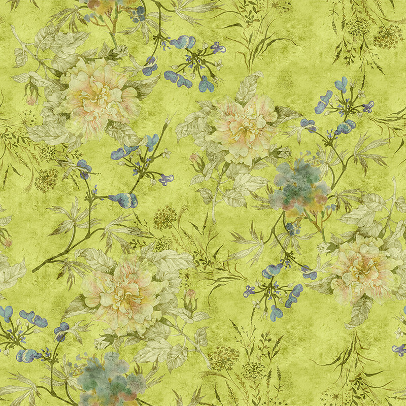 Tenderblossom 1 - Papel pintado fotográfico con zarcillos de flores modernas en una estructura rayada - Verde | Tejido no tejido liso mate
