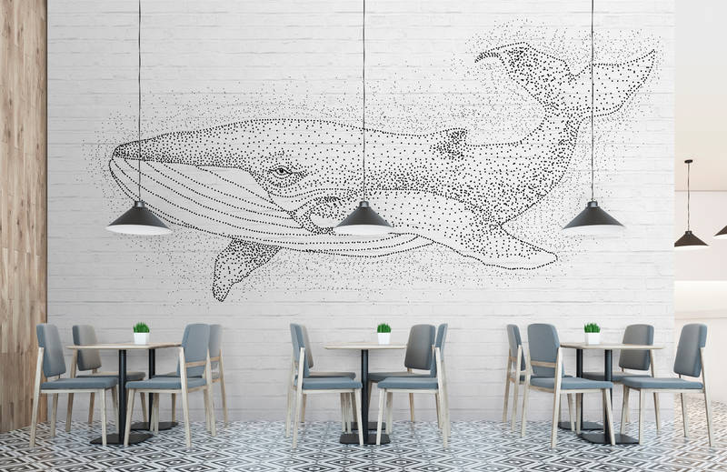             Papel pintado de diseño Pared de ladrillo y motivo de ballena
        
