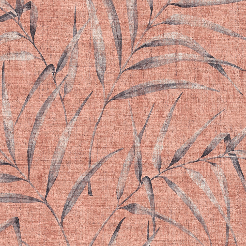             Wallpaper leaf pattern & linen look - pink, orange, red
        