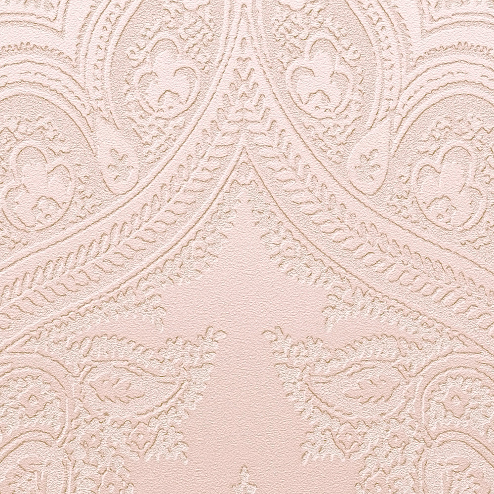             Carta da parati boho rosa con motivi di ornamenti - metallizzata, rosa
        
