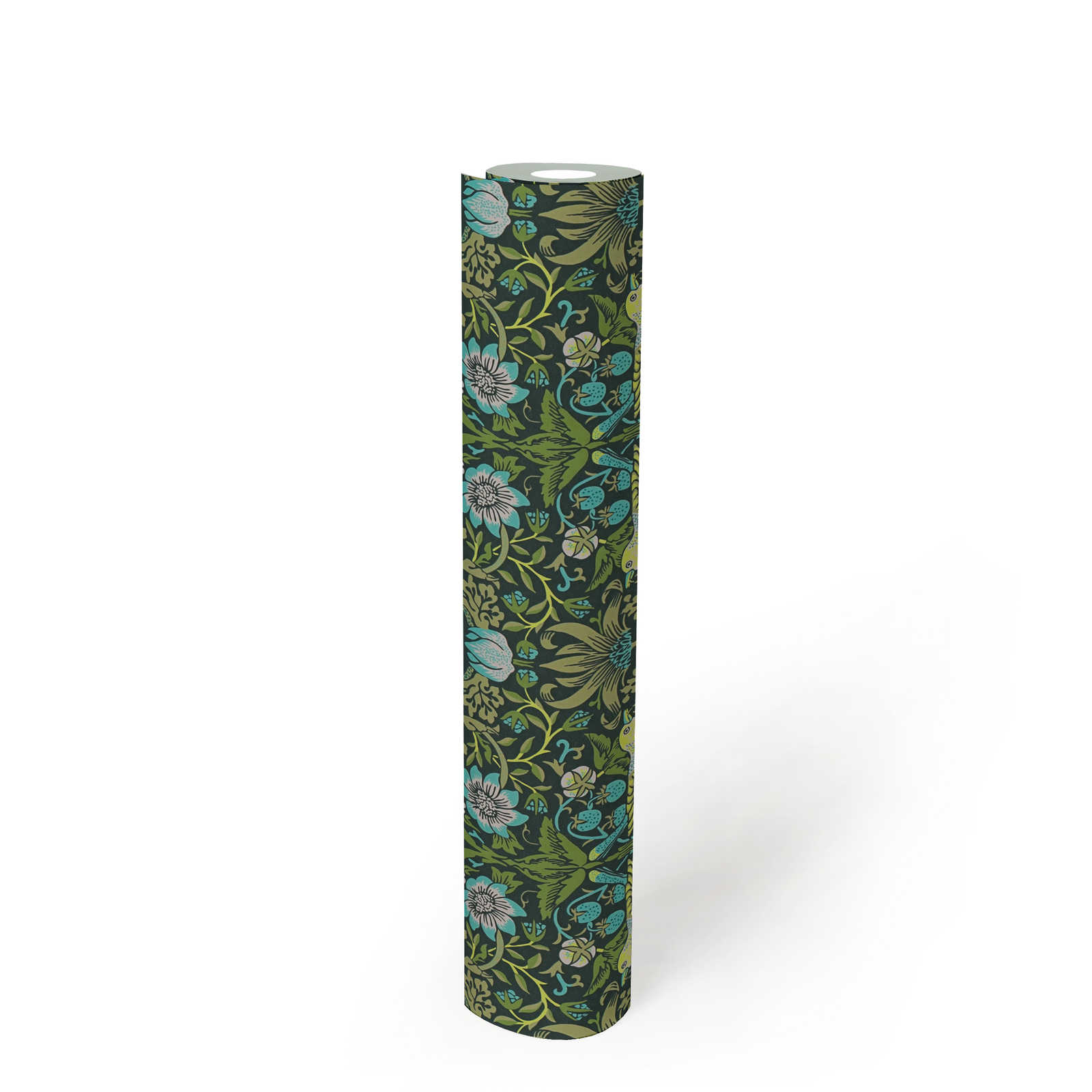             Non-woven wallpaper floral pattern with birds - green, blue, black
        