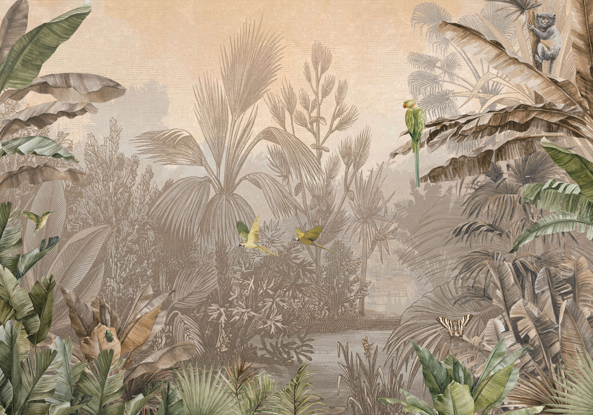             Jungle muurschildering bruin-groen in tekenstijl
        