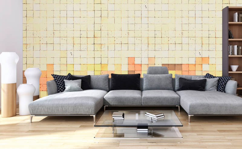             Photo wallpaper 3D Tetris style, concrete mosaic - yellow, orange, brown
        