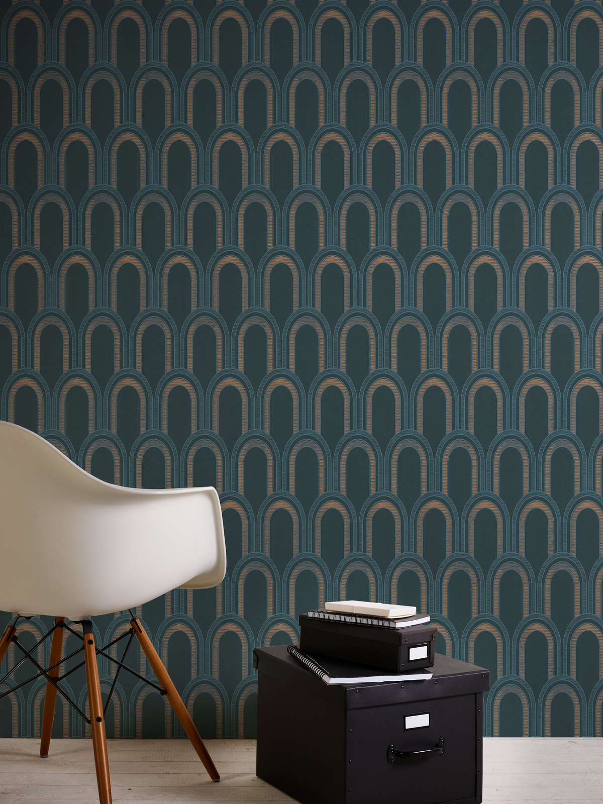             Wallpaper with bow pattern and glossy effect - petrol, blue, gold
        