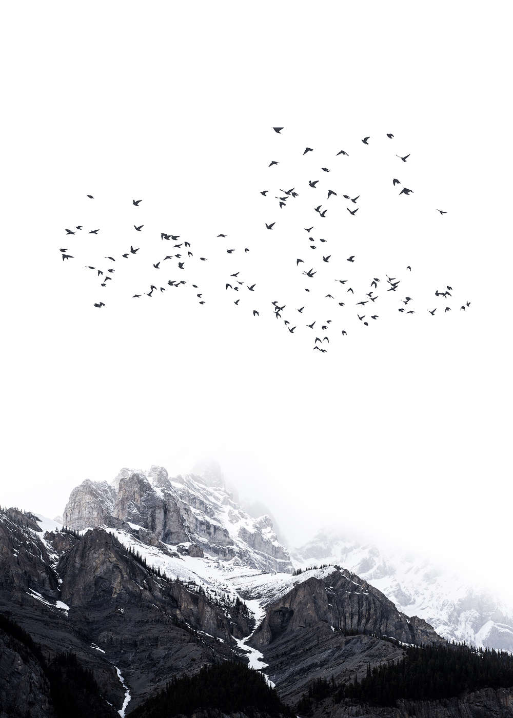             Landscape mural snowy mountains & migratory birds
        