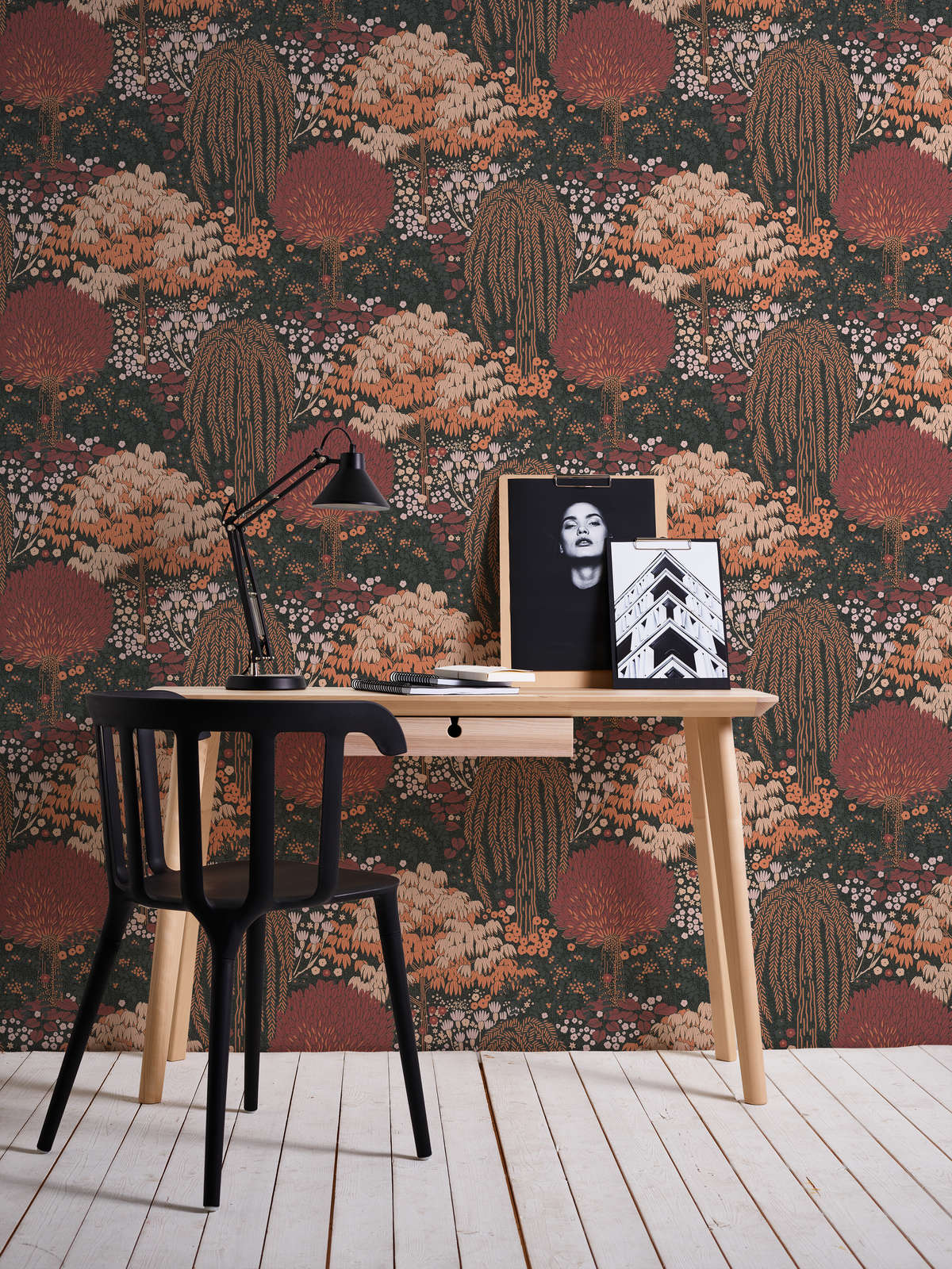             Non-woven wallpaper floral with leaves light textured, matt - black, red, pink
        