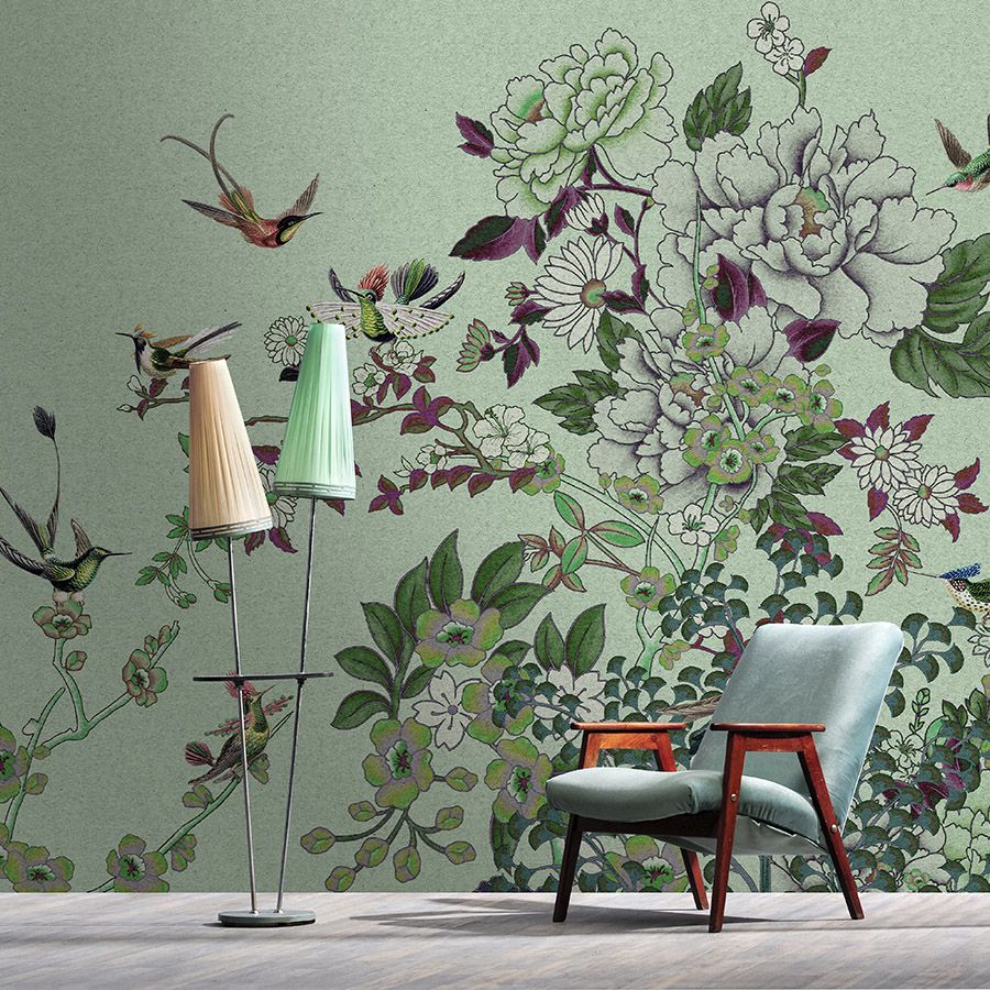 Photo wallpaper »madras 1« - Green blossom motif with birds on kraft paper texture - Smooth, slightly shiny premium non-woven fabric
