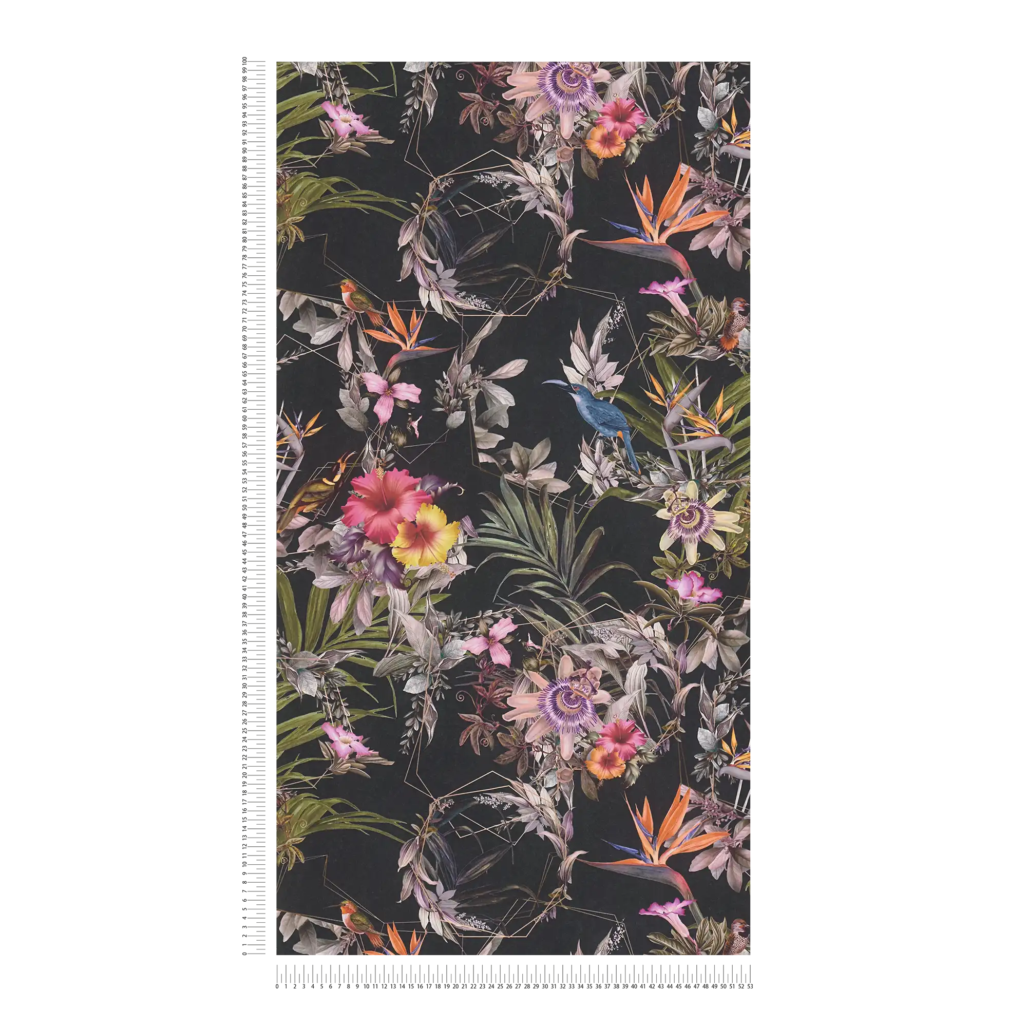             Dark floral wallpaper hibiscus & leaves - colourful, black
        