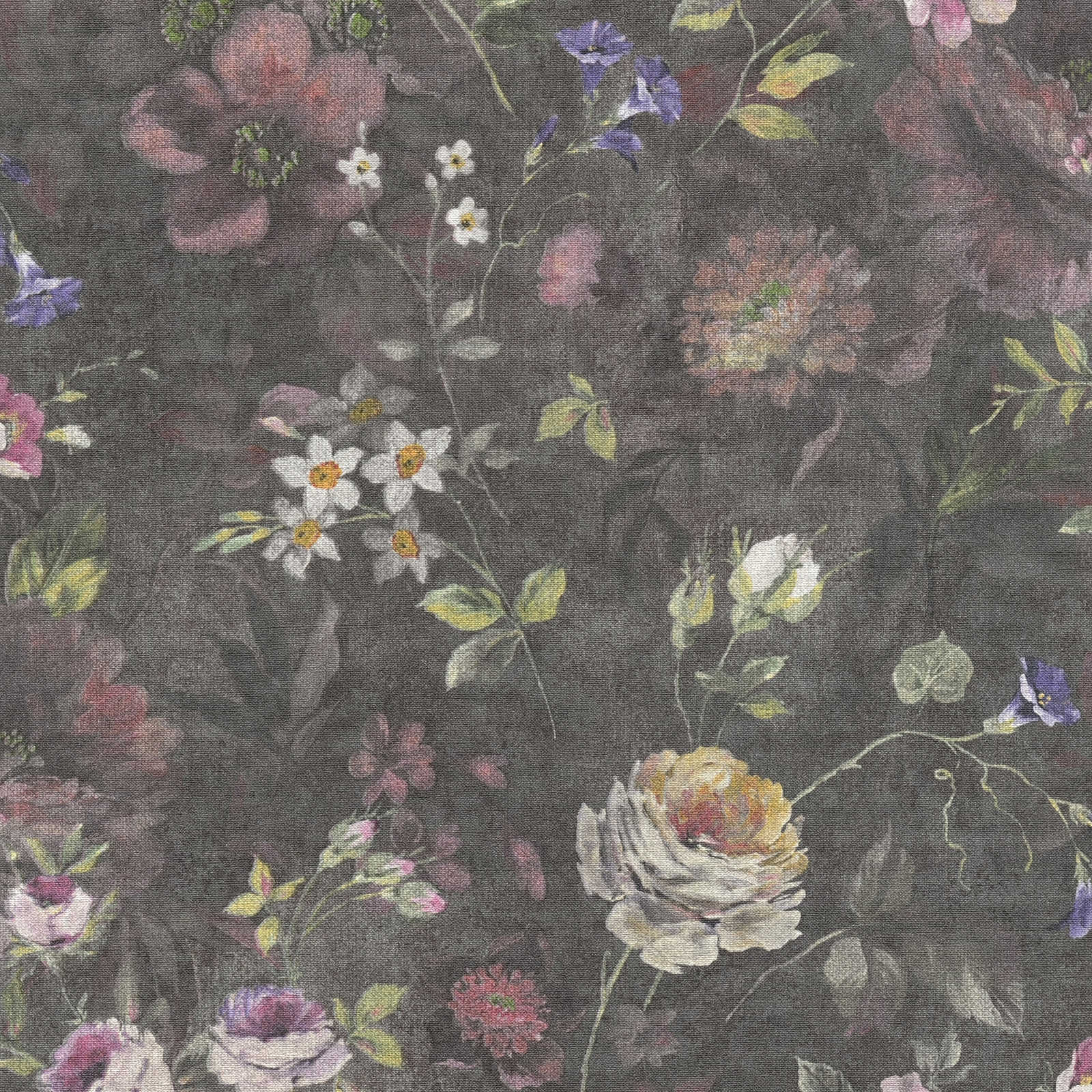 Papier peint intissé floral avec motif à fleurs sans PVC - noir, multicolore, vert
