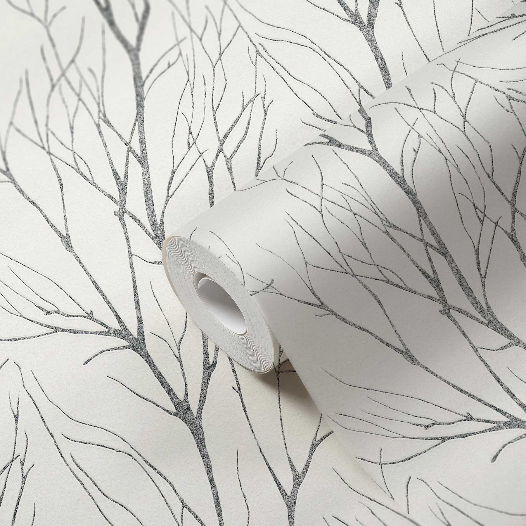             Carta da parati in tessuto non tessuto con motivo ad albero ed effetto metallizzato - grigio, nero, bianco
        