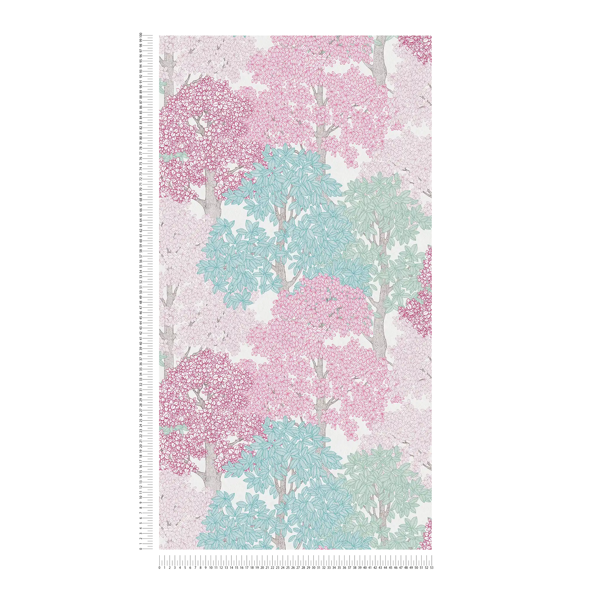             Papier peint Forêt Design style dessin avec cimes d'arbres - rose, bleu, blanc
        
