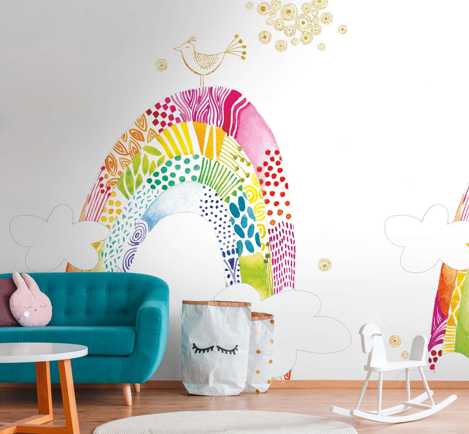             Children's motif wallpaper with colourful rainbow and bird - colourful, white, pink
        