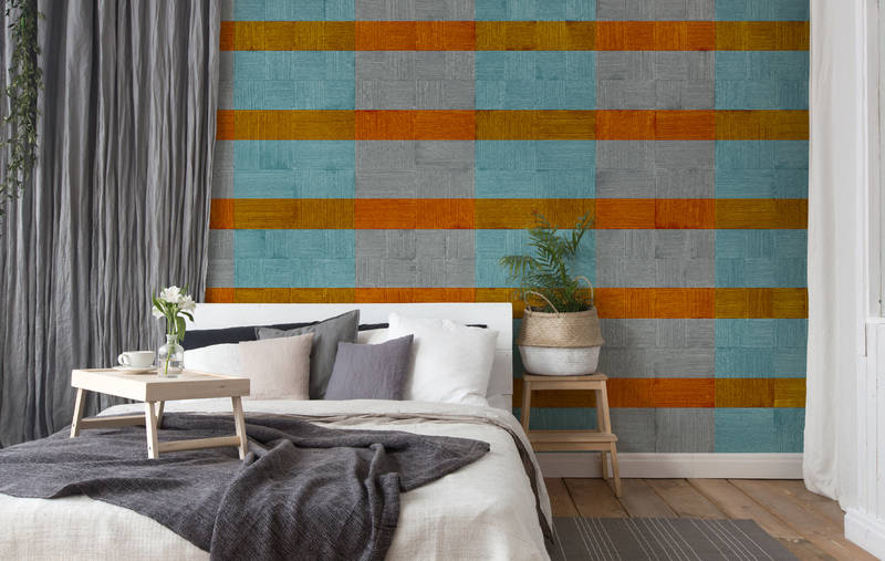             Muurschildering strepen, structuur patroon, geruit - blauw, grijs, oranje
        