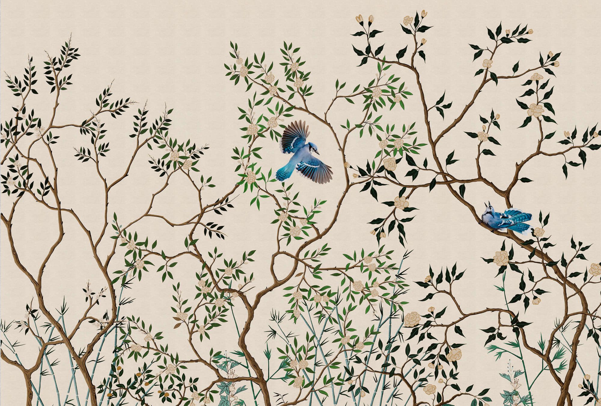             papier peint en papier panoramique »merula« - branches & oiseaux - clair avec structure lin | Intissé premium lisse et légèrement brillant
        