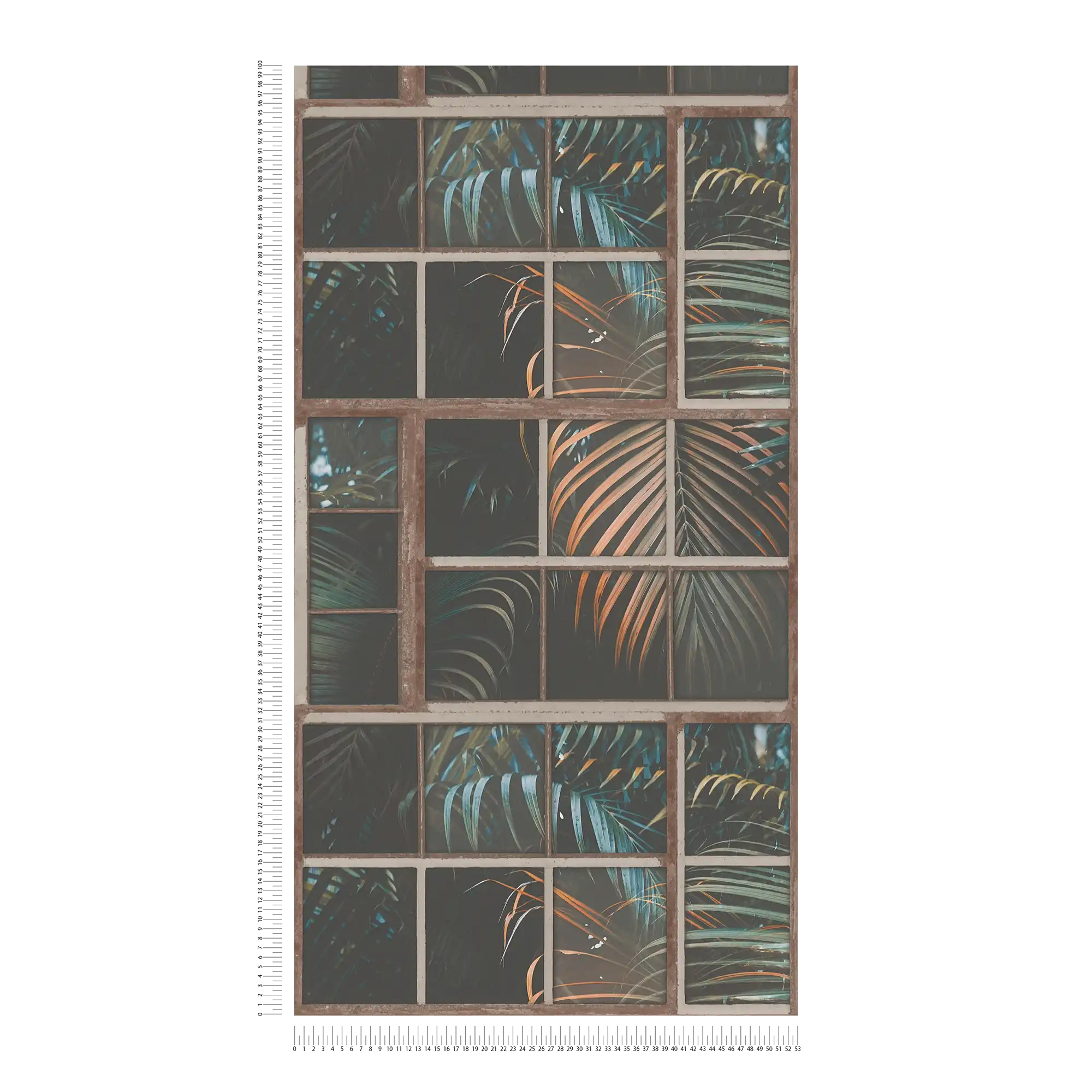             Papier peint intissé Fenêtre industrielle & vue sur la jungle - marron, pétrole, noir
        