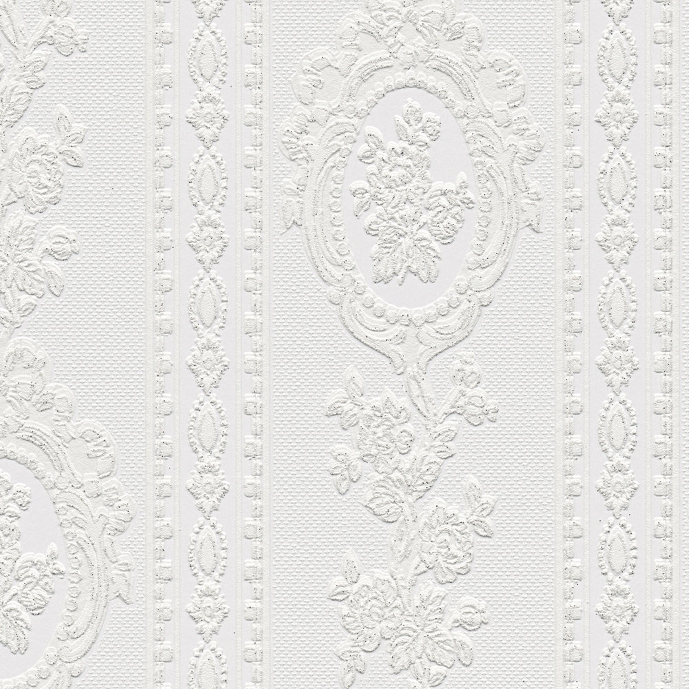             Ornamental wallpaper floral elements, stripes and flowers - white
        