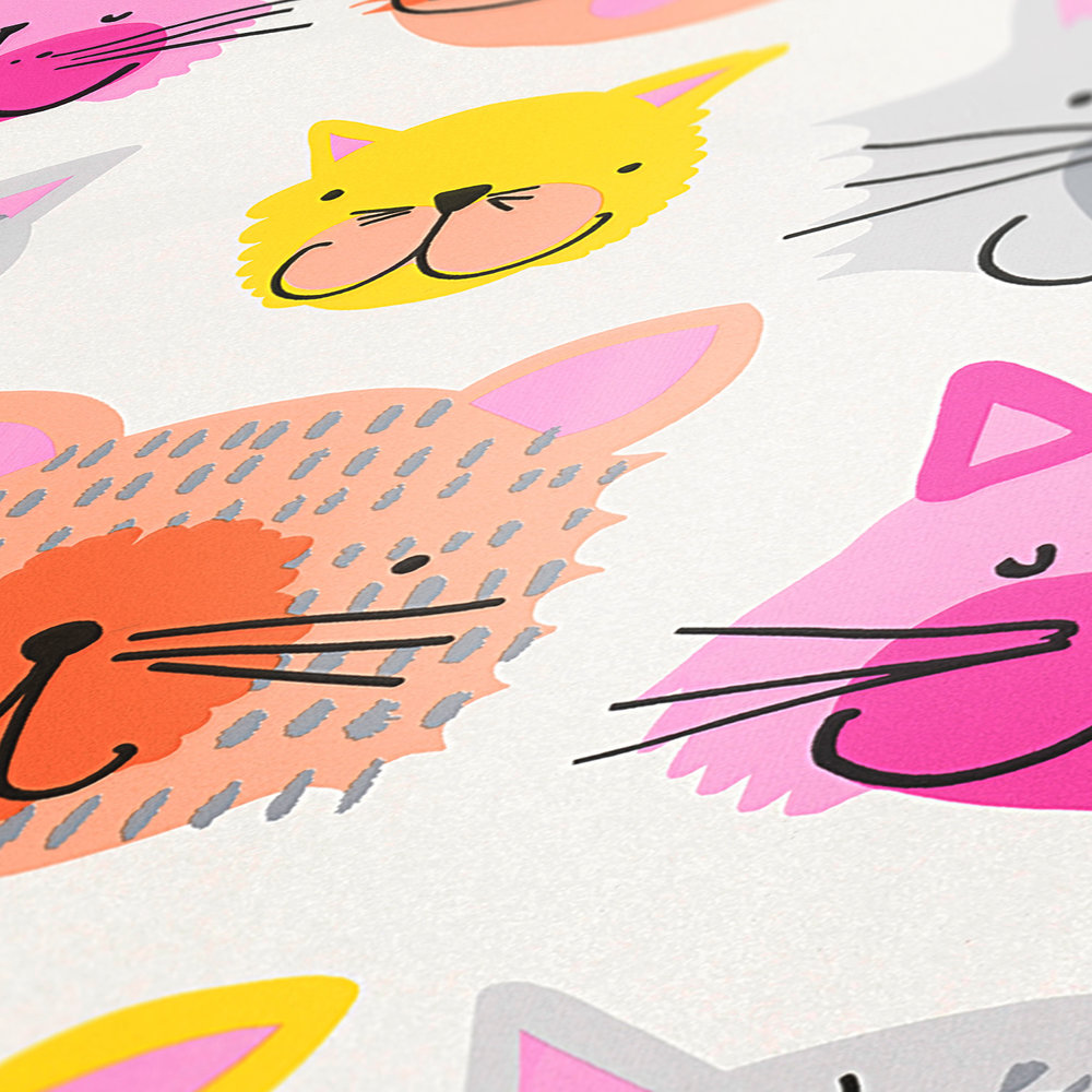             Colorful cat wallpaper in cartoon style for Nursery - pink, yellow
        