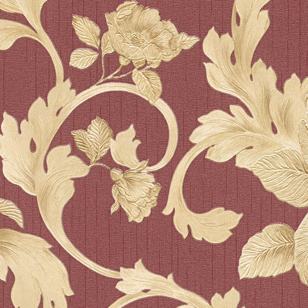             Wallpaper with golden roses vines & textured pattern - metallic, red
        