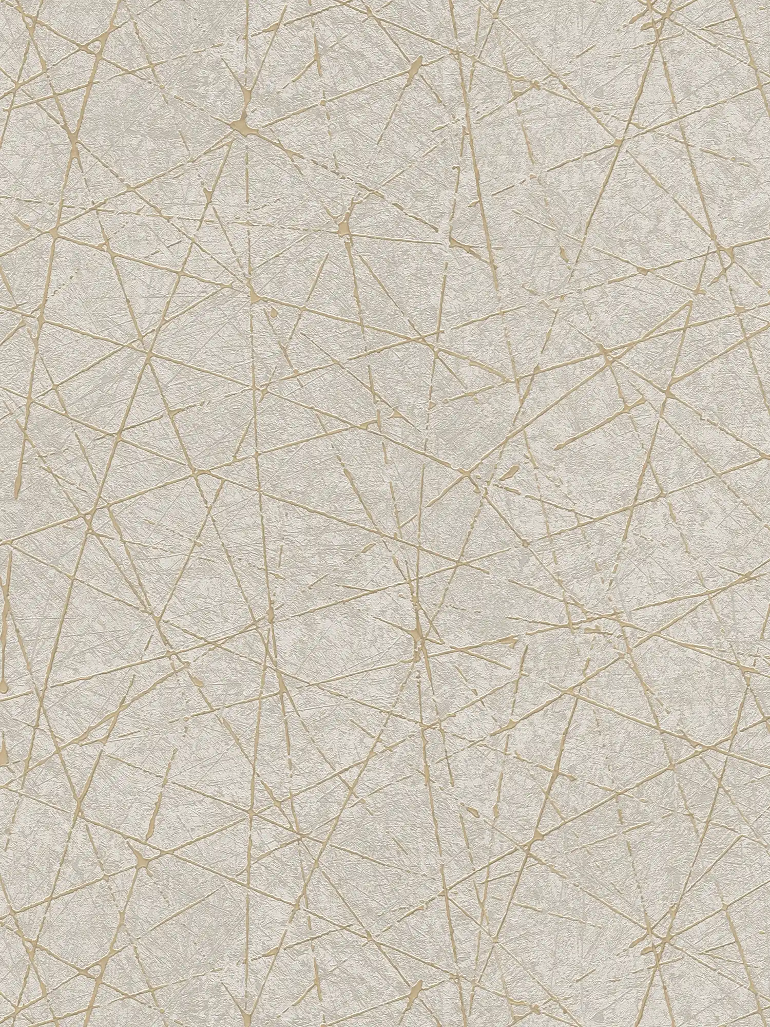 Papel pintado no tejido con líneas gráficas y efecto metálico - crema, gris, dorado
