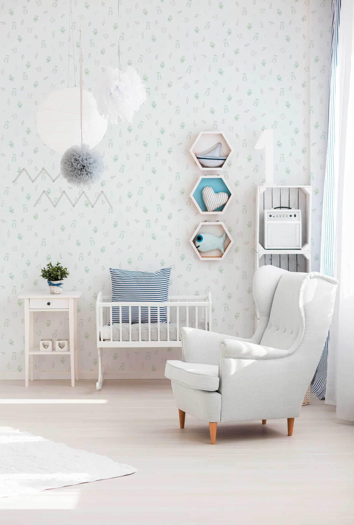             cute baby room wallpaper with children pattern - white, green
        