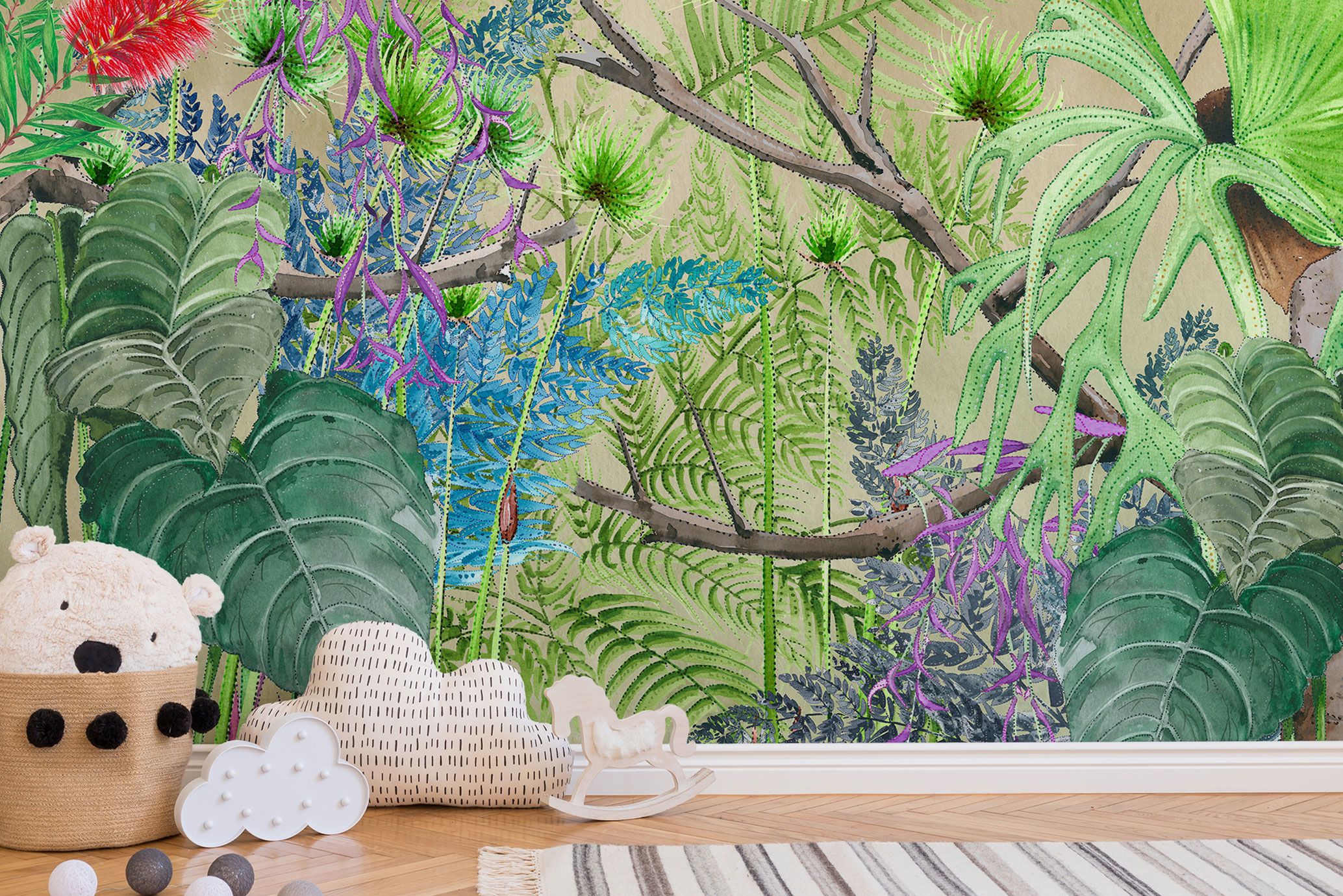 Colorful jungle wallpaper nursery