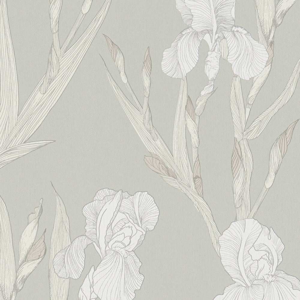             Papel pintado floral estilizado, zarcillos de flores y diseño moderno - gris, blanco
        