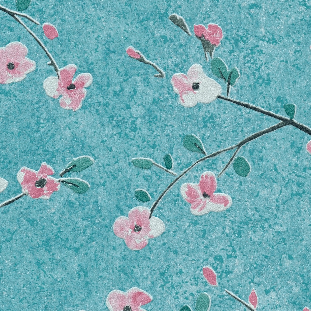             Papel Pintado Flor de Cerezo Japonés - Azul, Verde, Rosa
        
