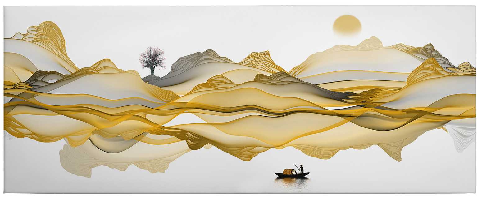             Panorama Canvas schilderij abstract landschap in goud, grijs - 1,00 m x 0,40 m
        