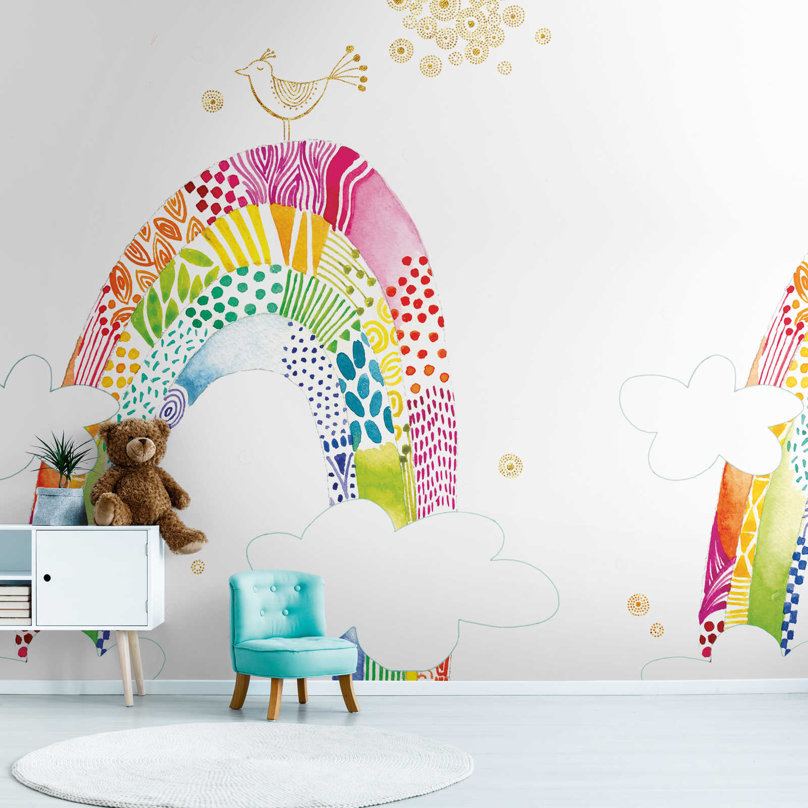 Papel pintado con motivo infantil de arco iris de colores y pájaro - colorido, blanco, rosa
