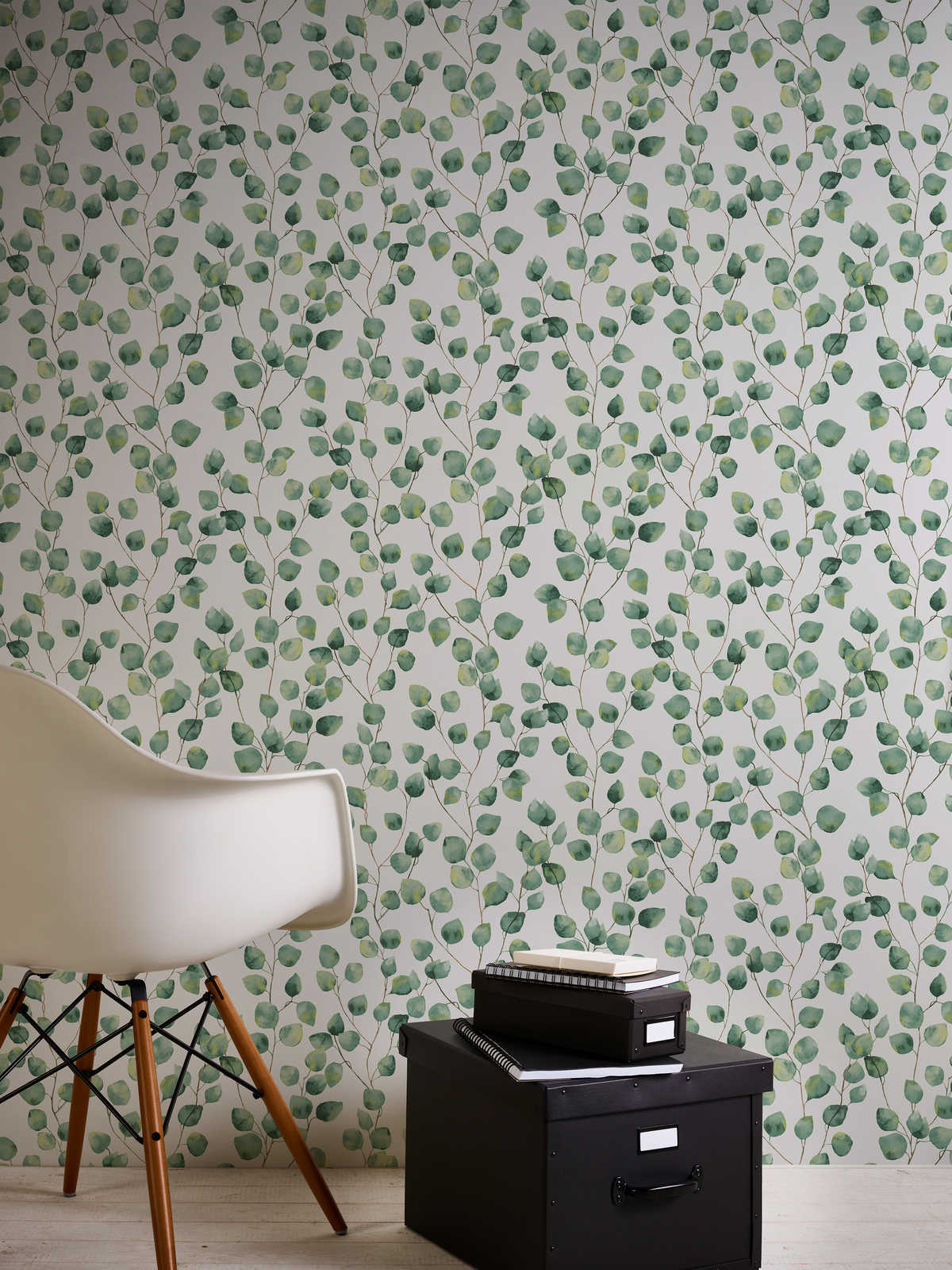            Self-adhesive wallpaper | leaf tendrils in watercolour style - white, green
        