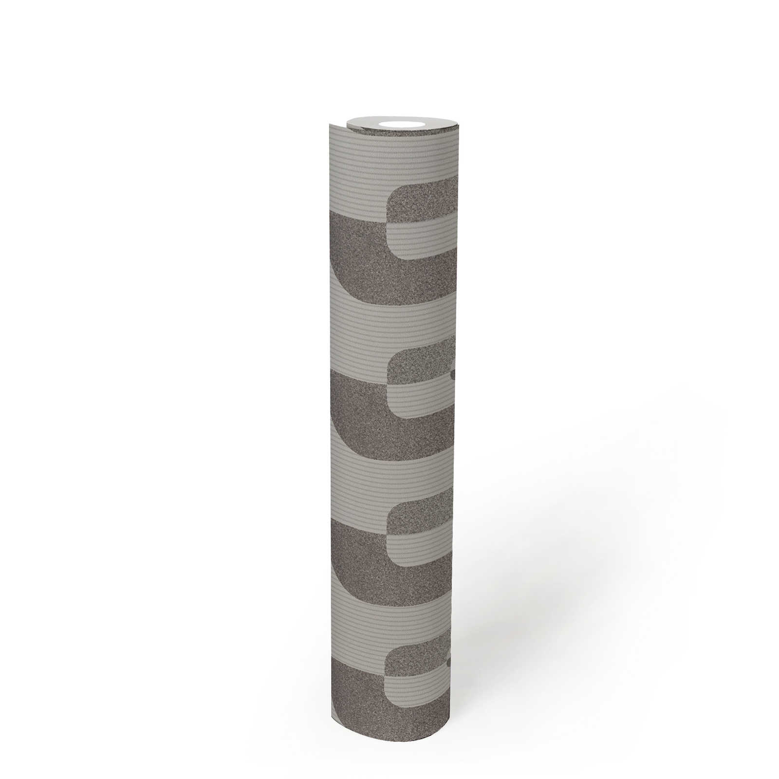             Graphic wallpaper with Reto pattern in grey and silver
        