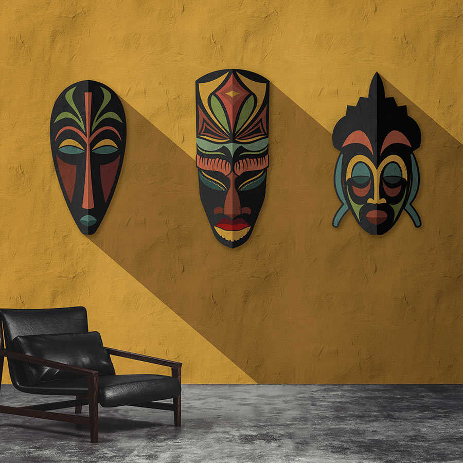 Zulú 1 - Mural de pared amarillo mostaza, máscaras africanas Diseño Zulú
