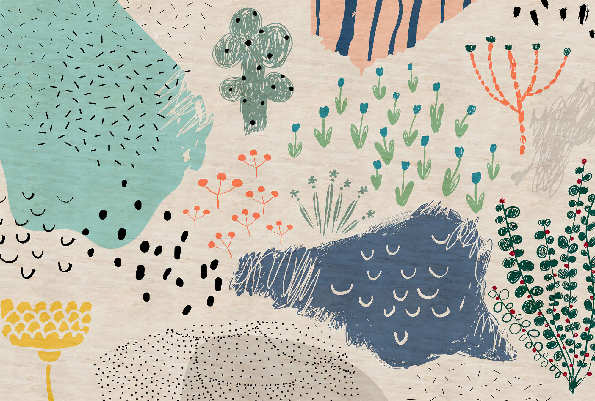             Crayon garden1 - Nursery wallpaper, Doodle motif in plywood structure - Beige, Blue | mother-of-pearl smooth fleece
        