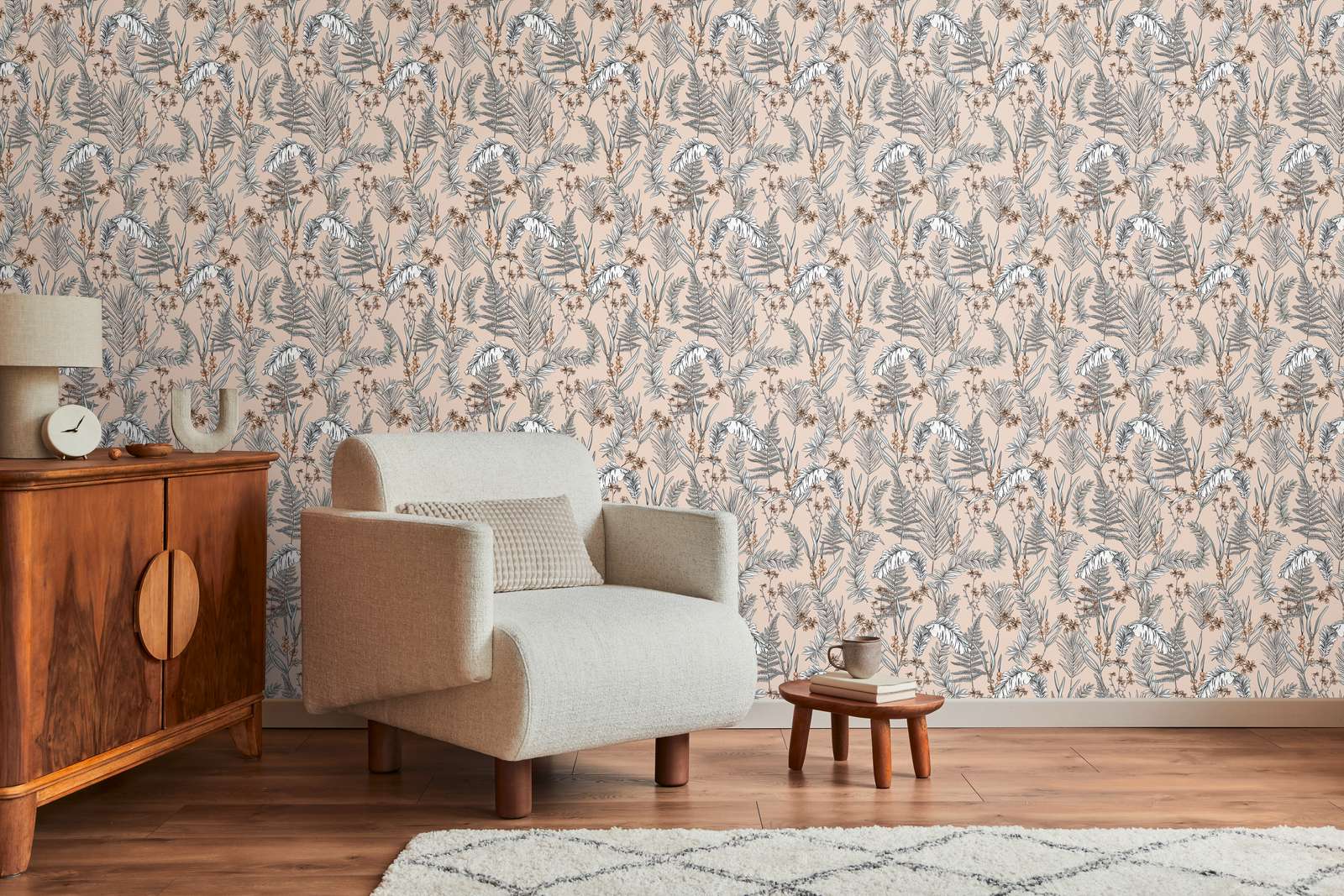             Modern wallpaper floral with flowers & leaves textured - pink, beige, white
        