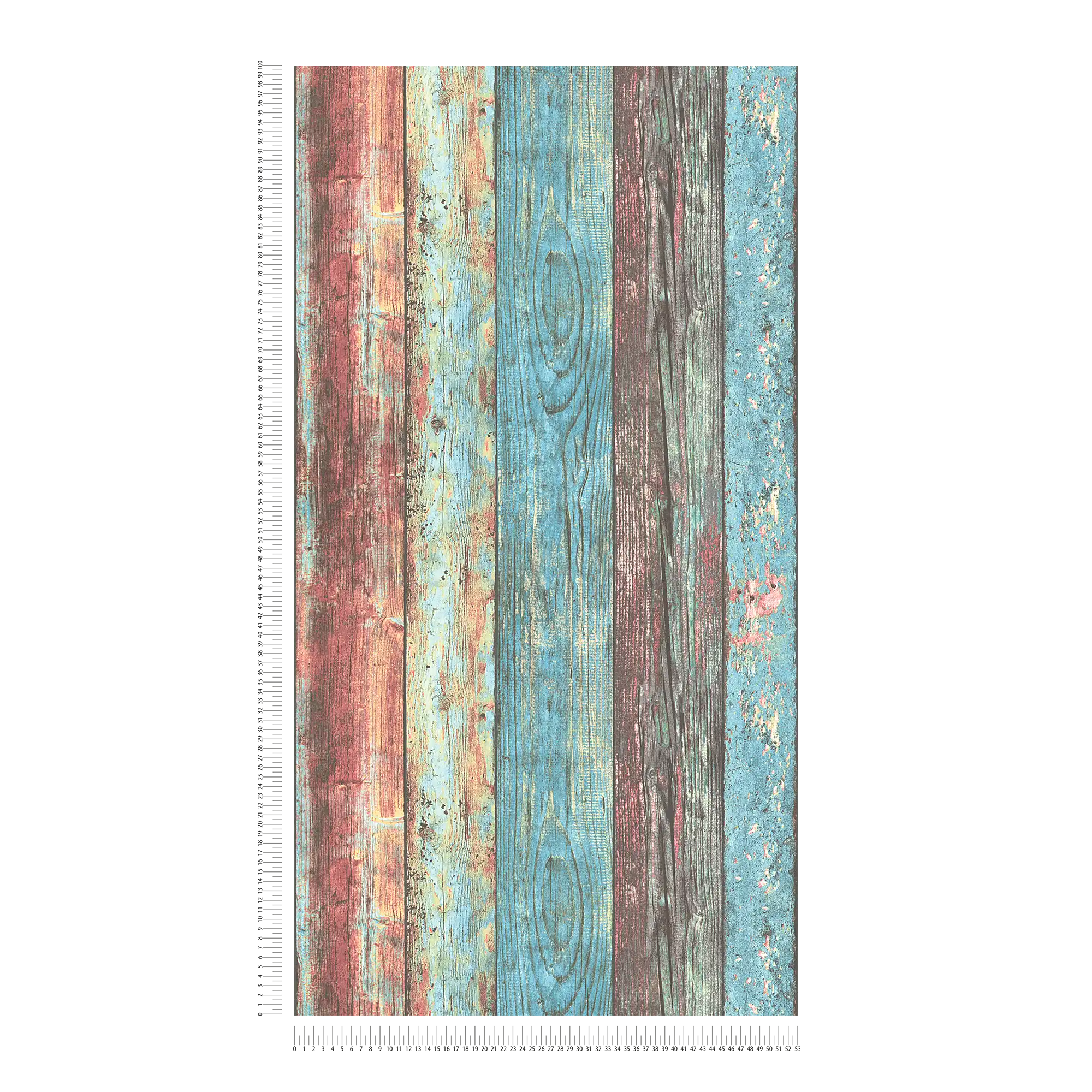             Papel pintado de madera de colores de estilo Shabby Chic con patrón de tablas - azul, rojo, marrón
        