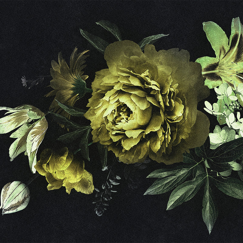 Drama queen 2 - Bouquet of Flowers Wallpaper in Cardboard Texture in Green - Yellow, Black | Matt Smooth Non-woven
