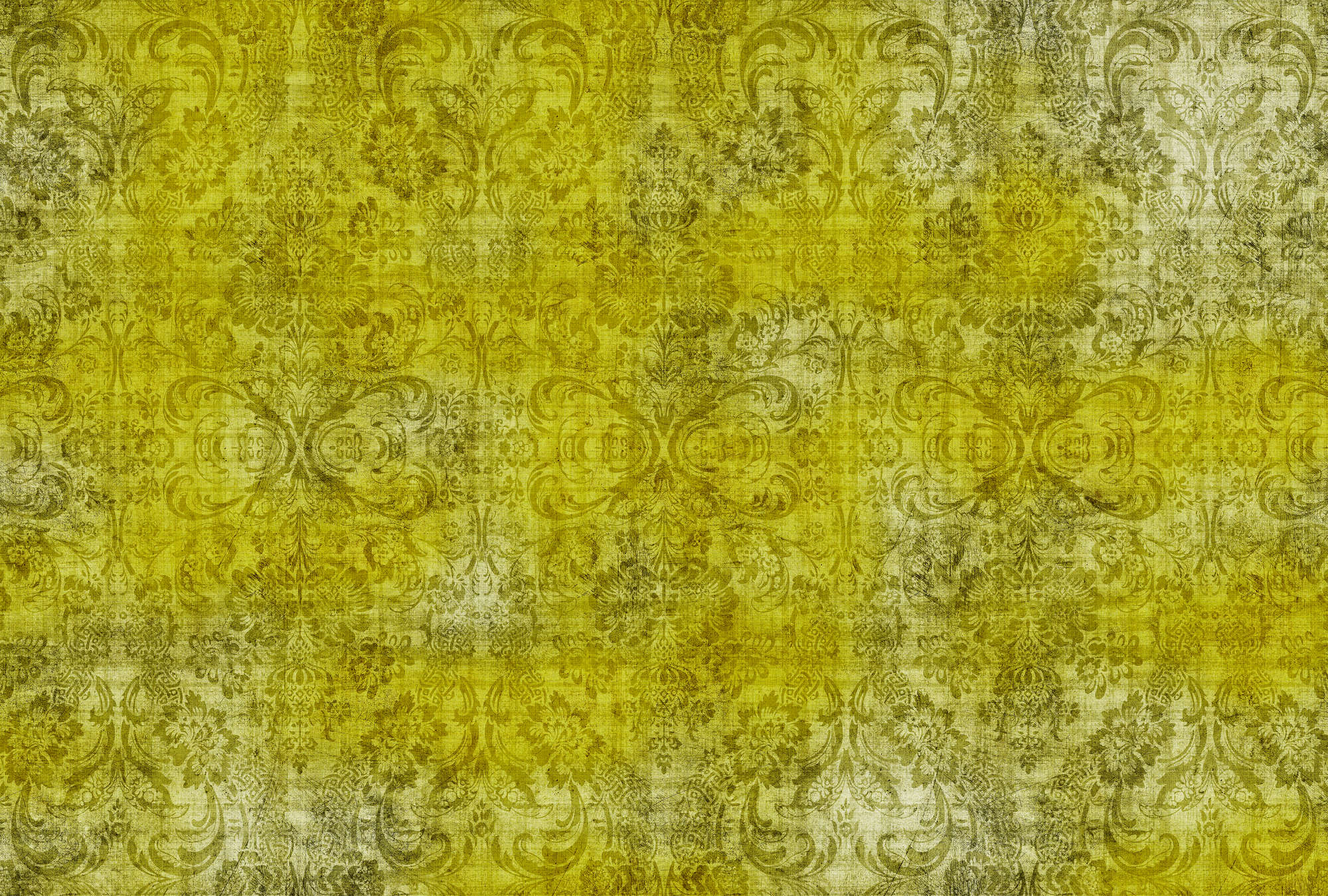             Old damask 1 - Ornements sur papier peint jaune chiné à structure lin naturel - jaune | Intissé lisse mat
        