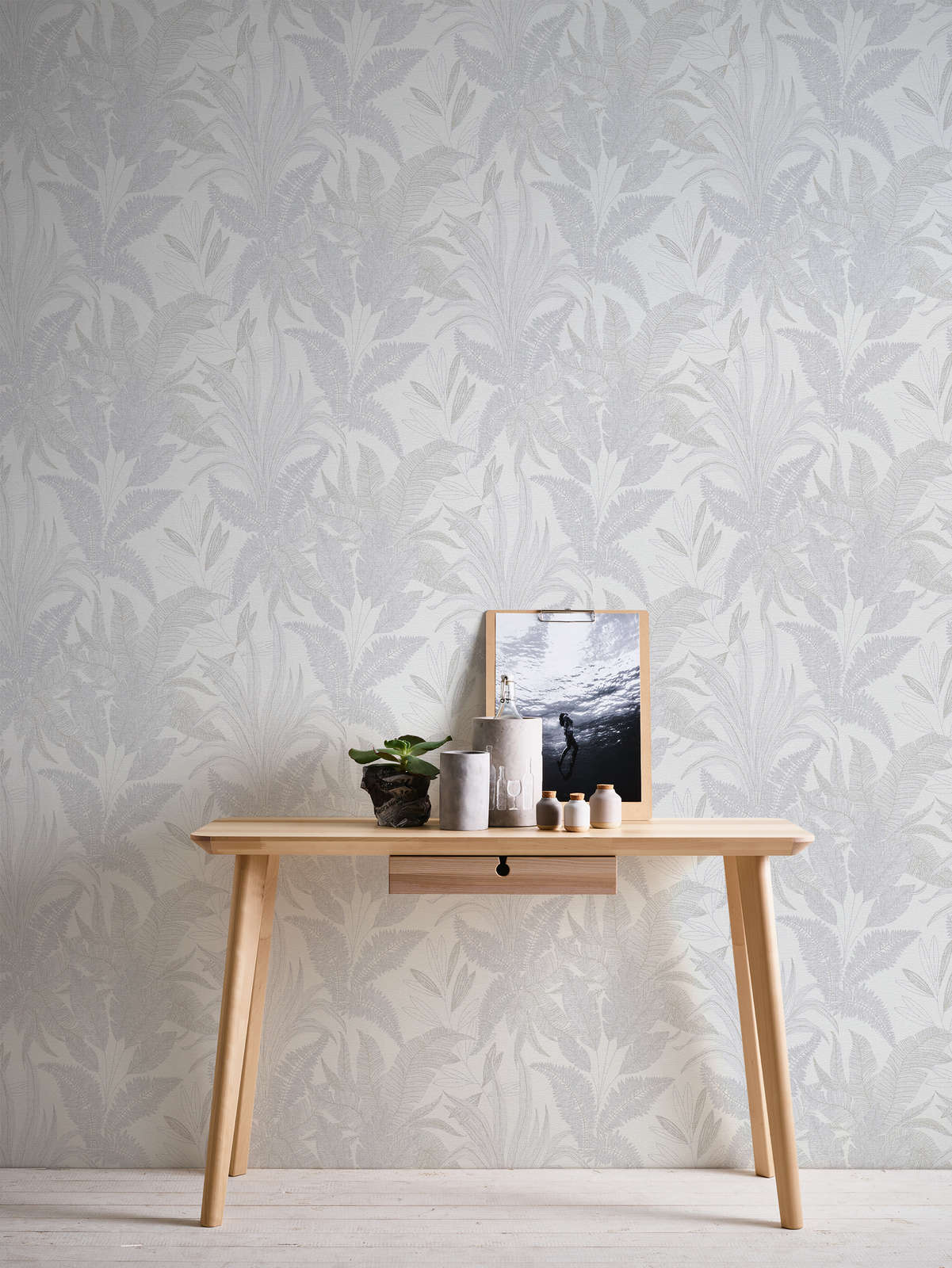             papier peint en papier intissé avec feuilles de jungle - motif légèrement structuré - gris, crème, or
        