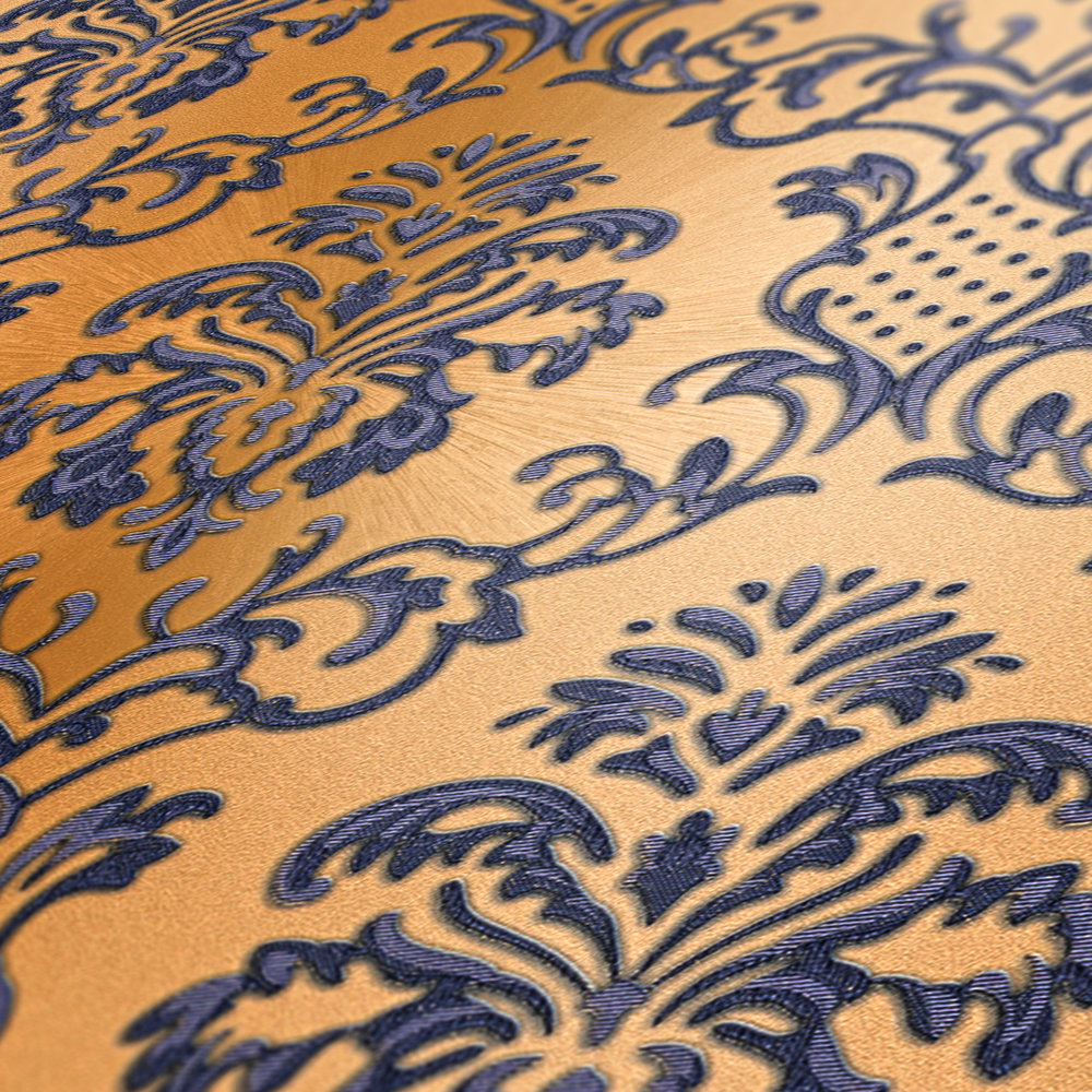             Ornamentbehang met metaaleffect - blauw, bruin
        