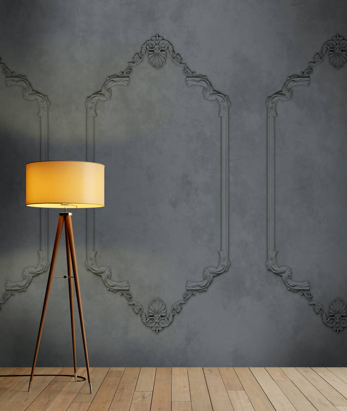             Papier peint panoramique gris avec cadre en stuc au look vintage
        
