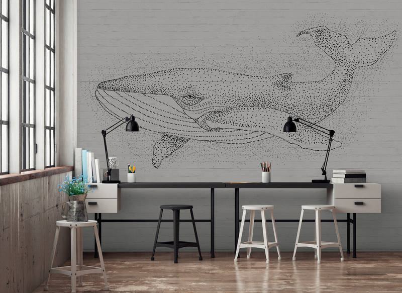             Papier peint panoramique baleine style dessin sur mur de pierre 3D
        