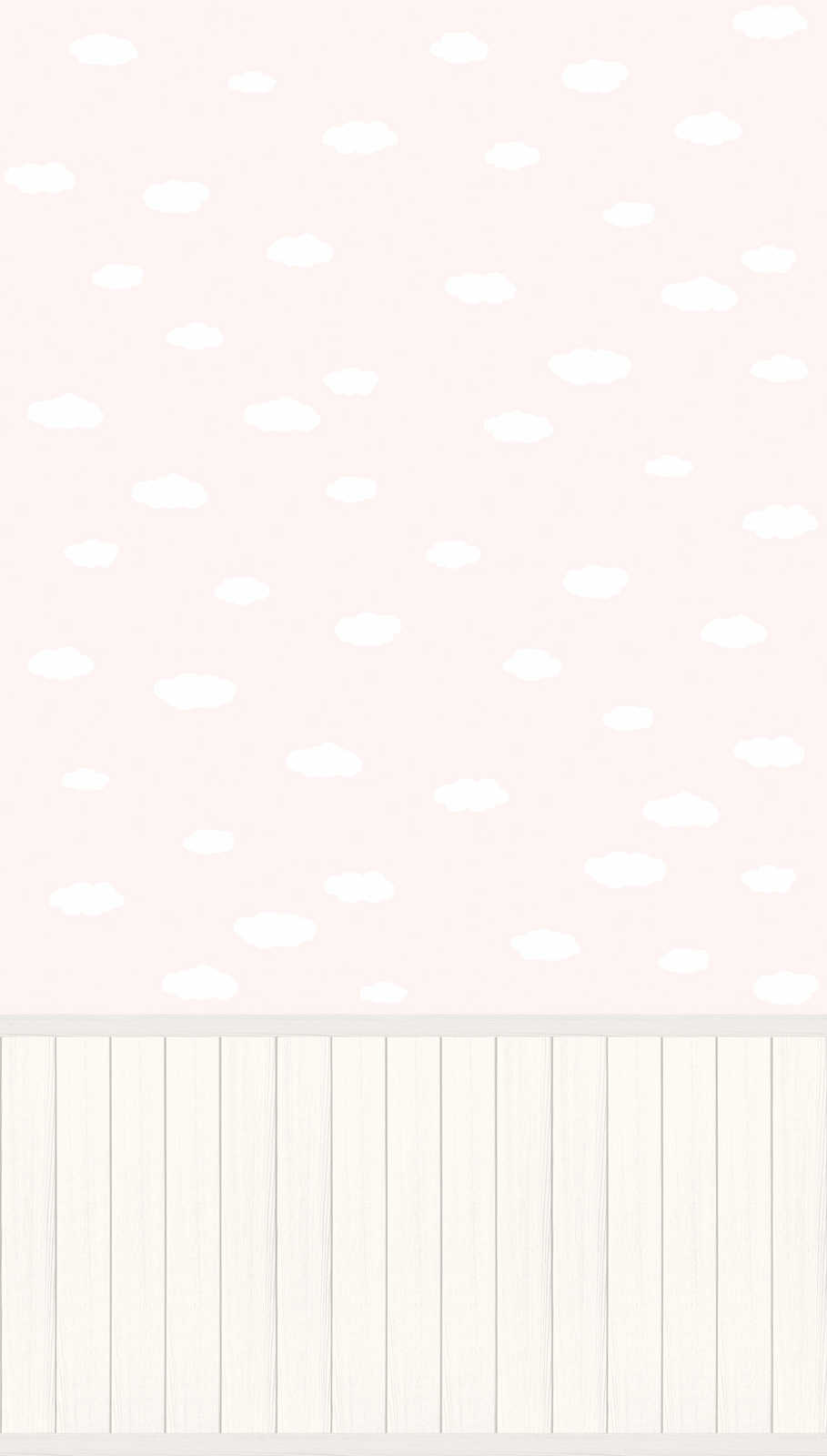             Non-woven motif wallpaper with wood-effect plinth border and cloud pattern - pink, white, grey
        