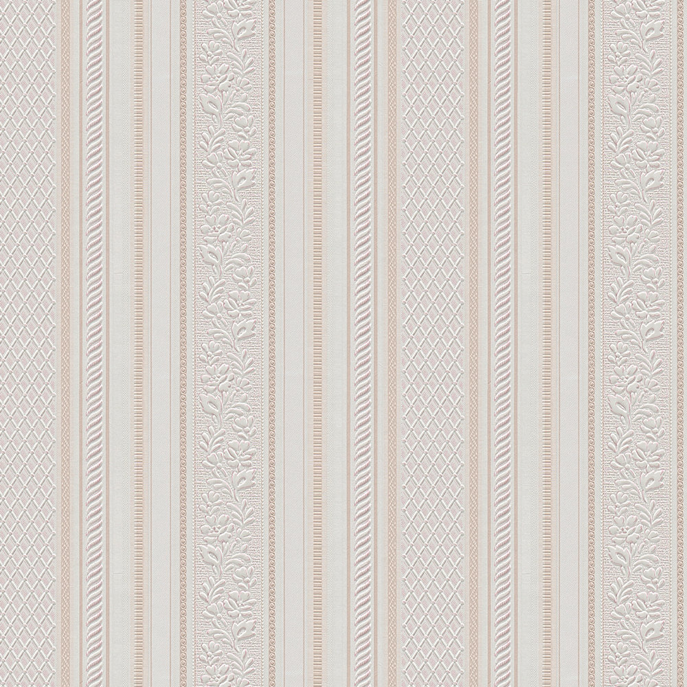             Streepbehang met design ornamenten Biedermeier stijl - beige, crème, wit
        