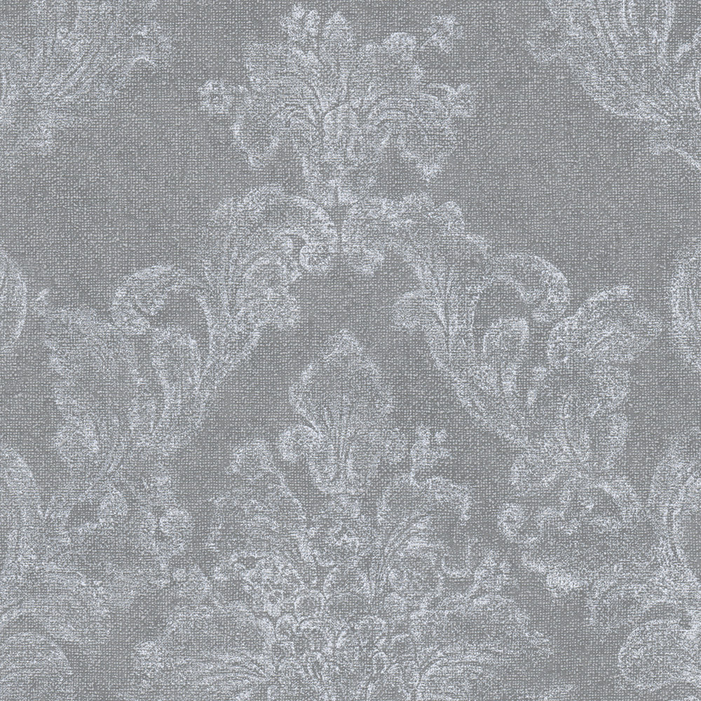            Carta da parati ornamentale in stile country con aspetto tessile - grigio, bianco
        