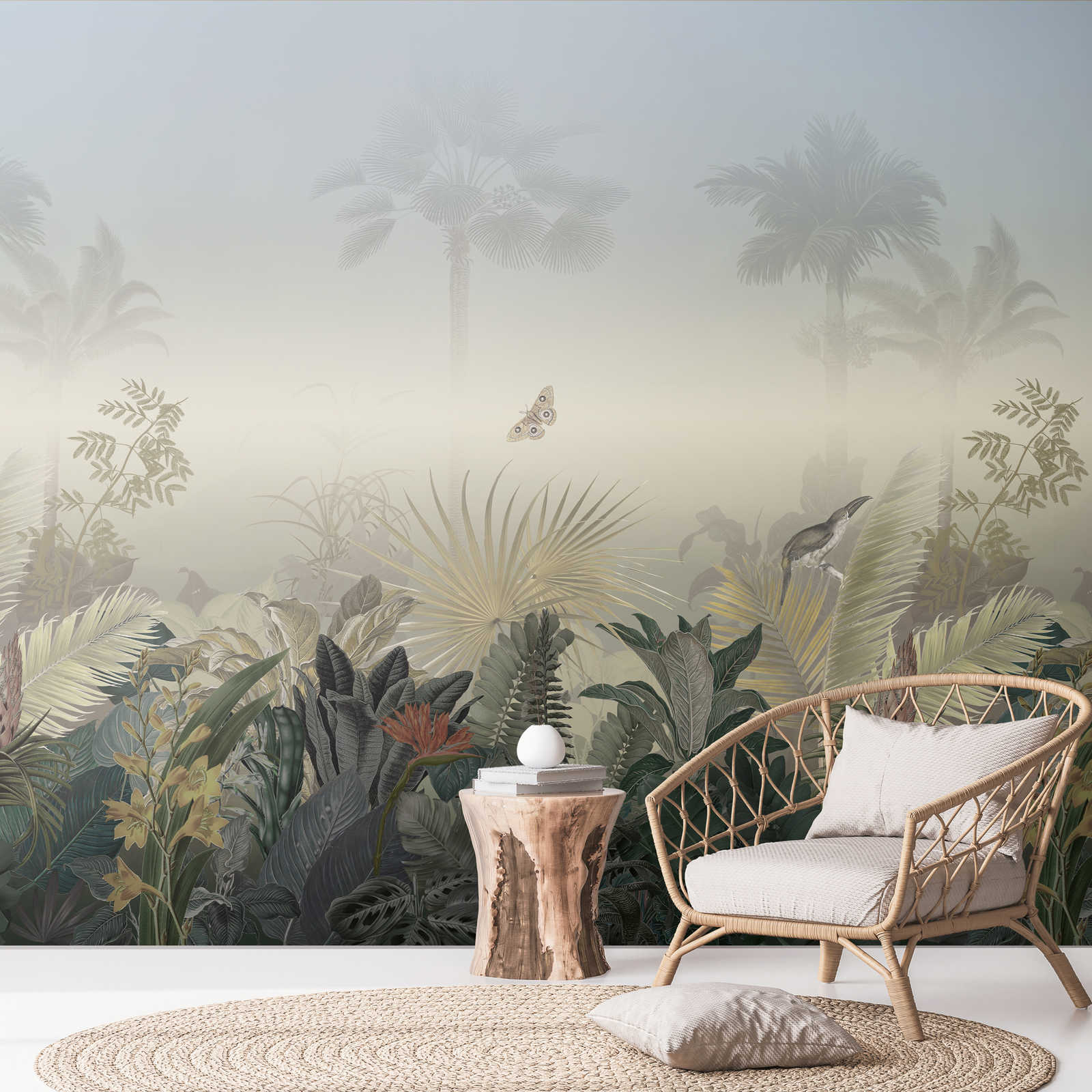 Jungle motif wallpaper with animals in the mist - colourful, blue, green
