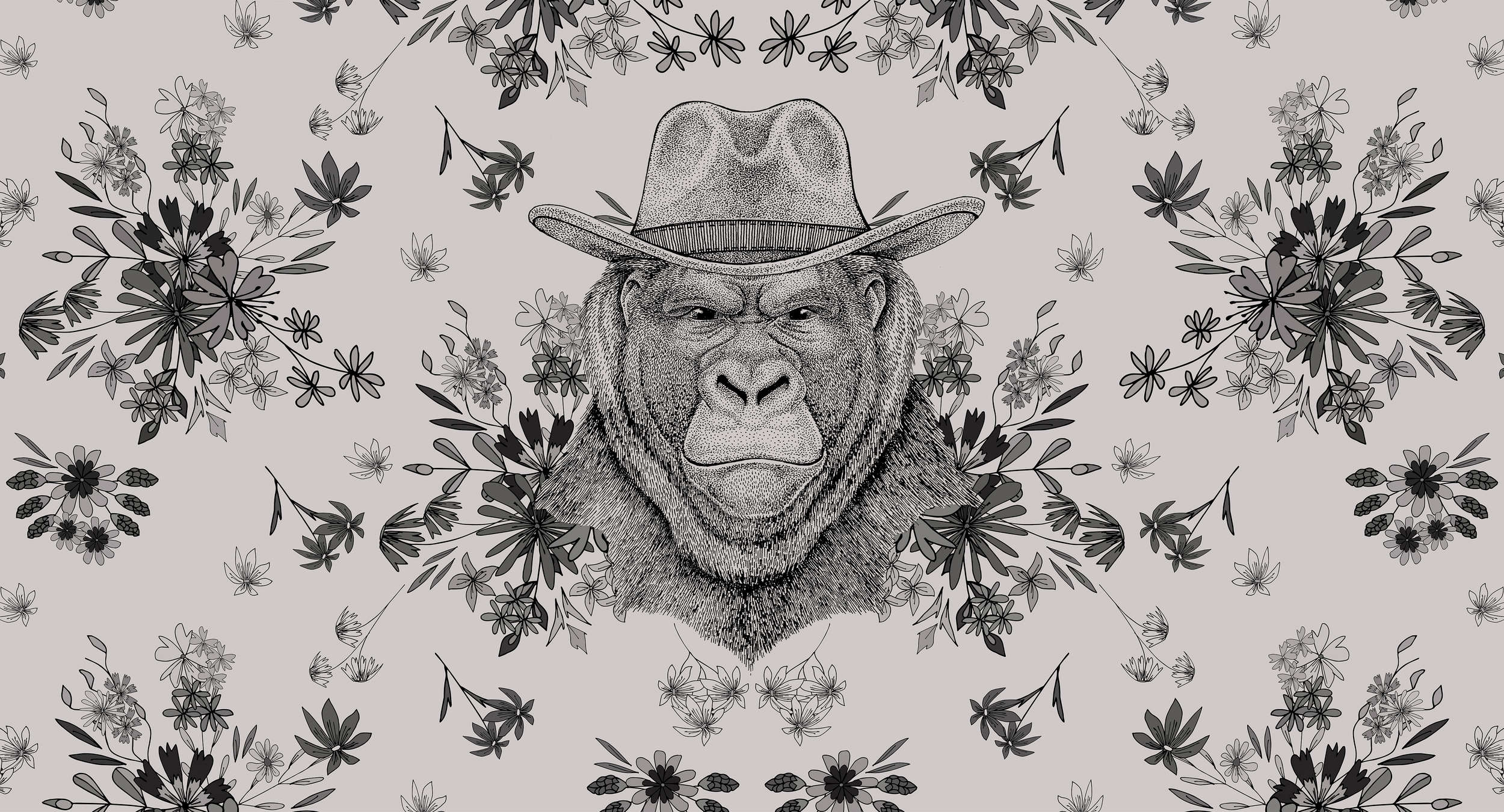            Papel pintado de diseño Gorila en estilo dibujo - Gris, Negro
        