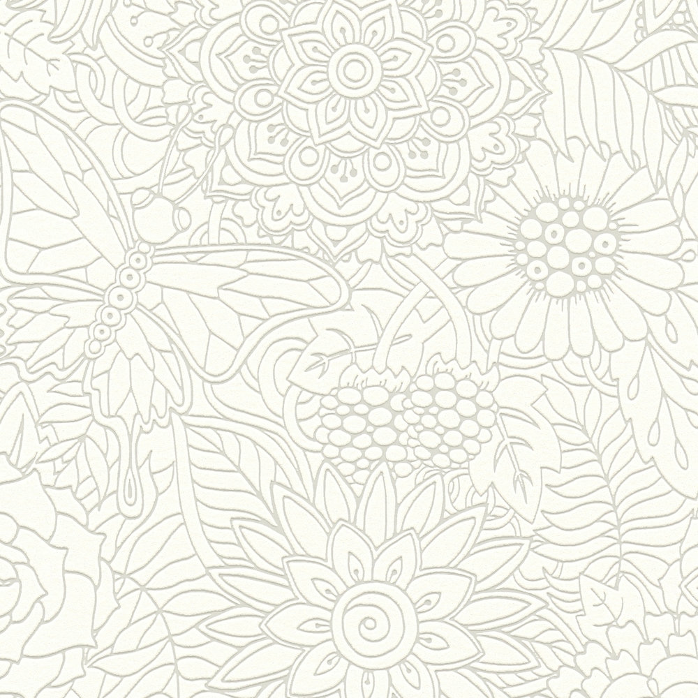             Papel pintado no tejido con diseño de garabato floral, mate y brillante - blanco,
        