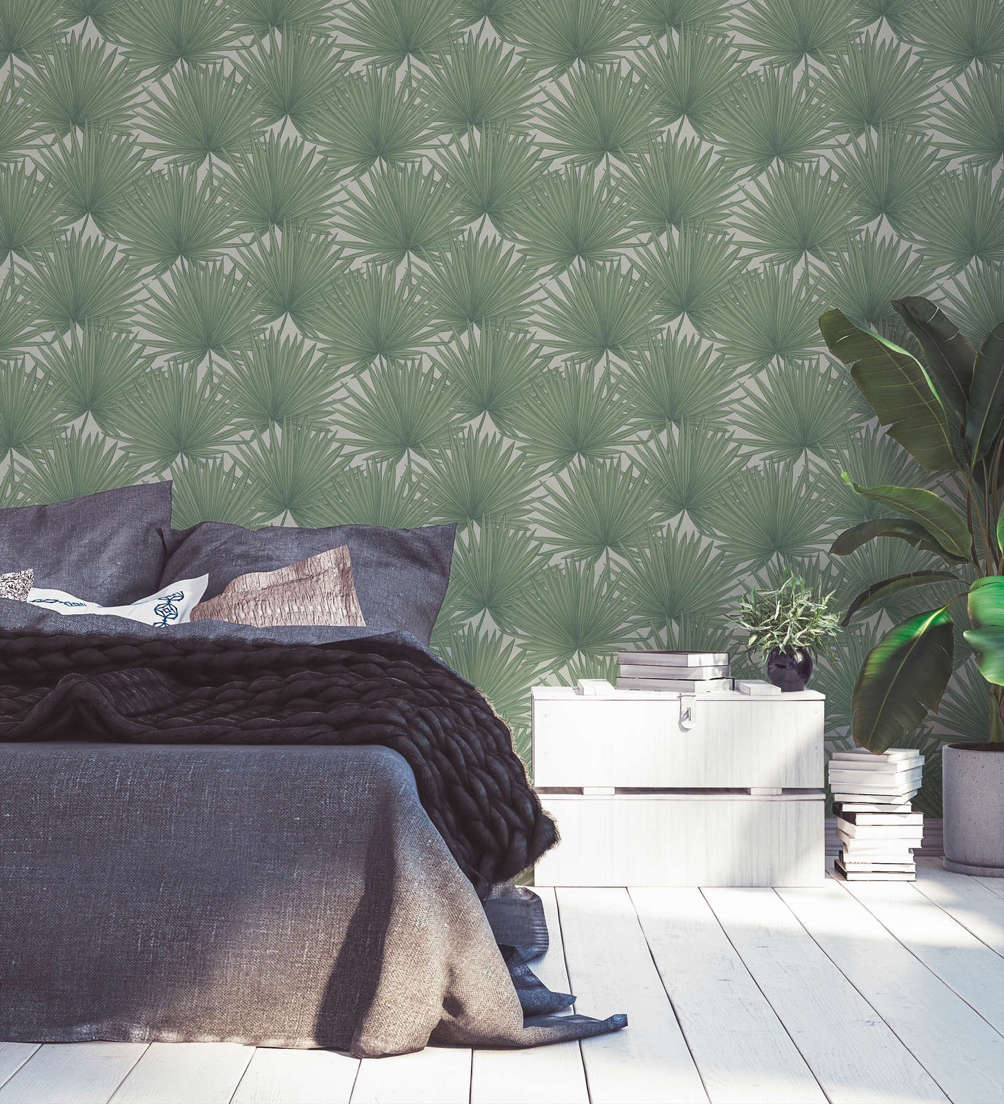             Jungle style non-woven wallpaper - green, white
        
